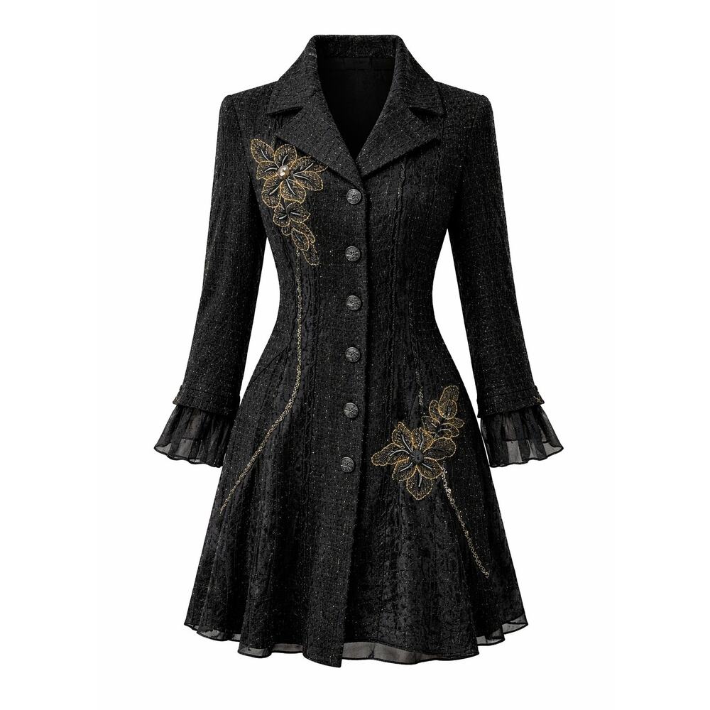 Ing new Creative women's black embroider evening coat S-M floral applique button